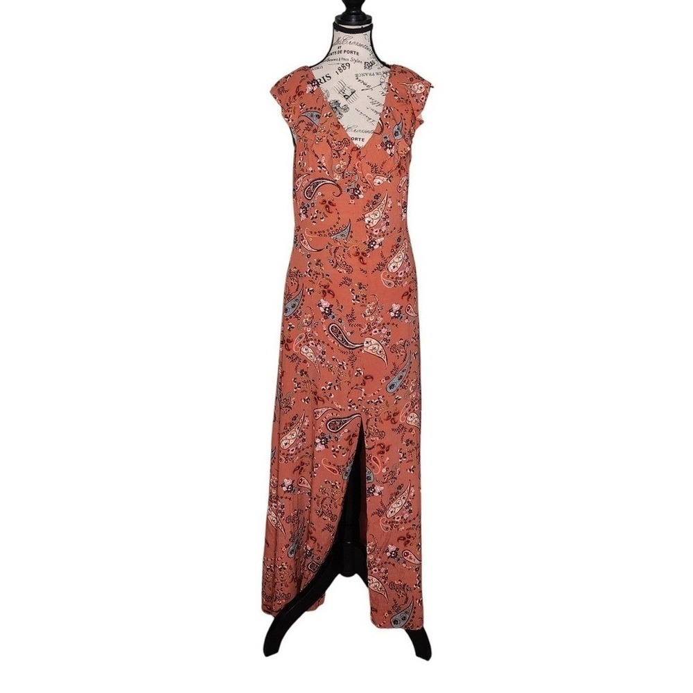 Willow & Clay Paisley Maxi Dress Rust Boho Ruffle Sleeveless Size L Made USA